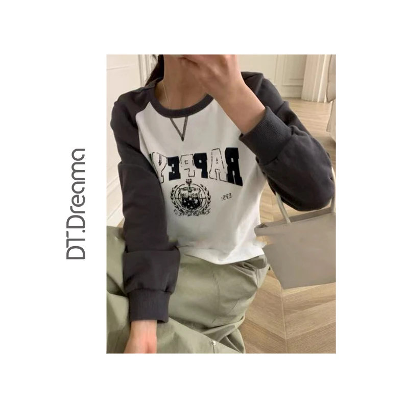 秋季小个子休闲撞色插肩卫衣女新款爆款欧货美式慵懒上衣