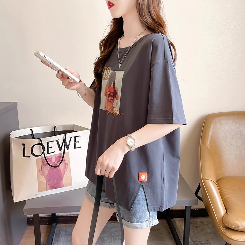 大码女装显瘦开叉短袖t恤女夏季2025新款宽松胖mm遮肚上衣欧货潮
