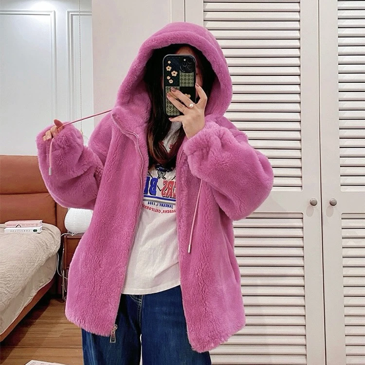 海宁新款100%羊毛连帽休闲加厚时尚宽松款一体羊毛大衣女装8859