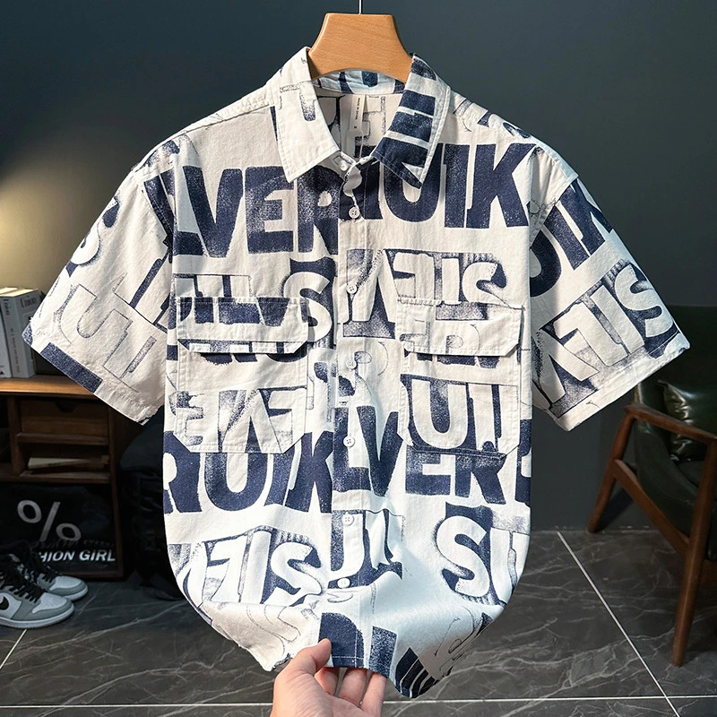 ICCLEK个性印花短袖衬衫男士轻奢时尚百搭休闲宽松舒适透气衬衣薄