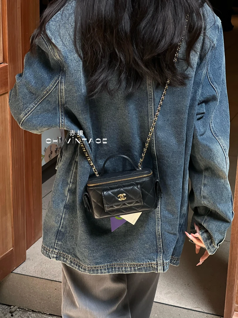 99新 Chanel/香奈儿 5578 黑金23b荔枝皮cargo长盒子斜挎包芯片款