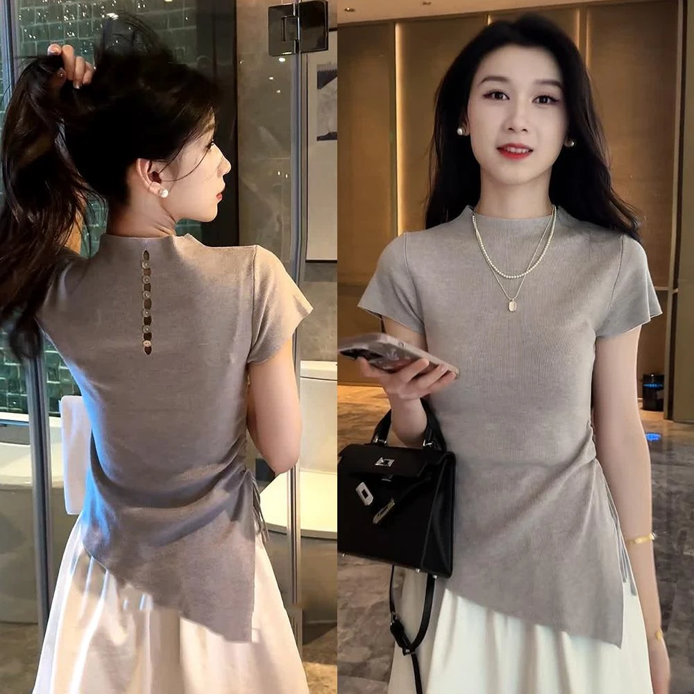 2025夏季新款女士半高领抽绳收腰短袖t恤修身显瘦超火减龄上衣服