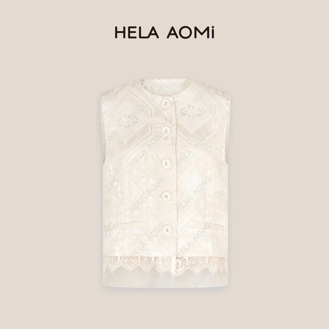 HELAAOMI“仲夏琉璃”亚麻V领拼接蕾丝马甲阔腿休闲裤CY5BZ99810