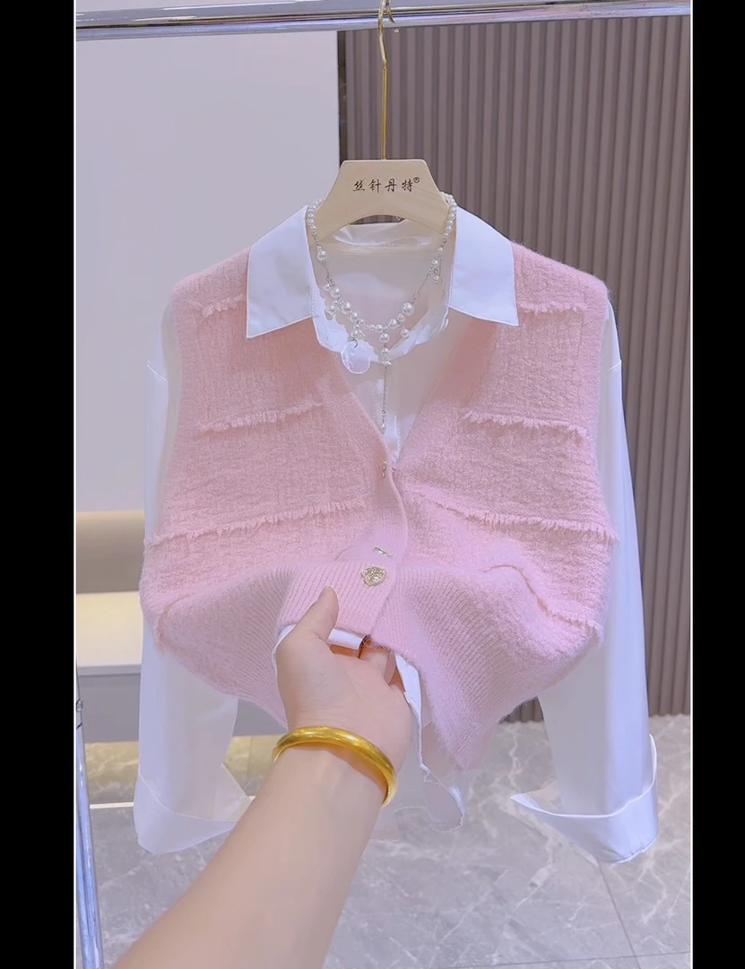 791衬衣马甲两件套百搭秋冬针织马甲坎肩背心
