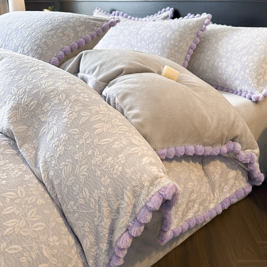 A类烂花牛奶绒加厚床上四件套冬季雕花珊瑚法兰绒床单被套三件套4