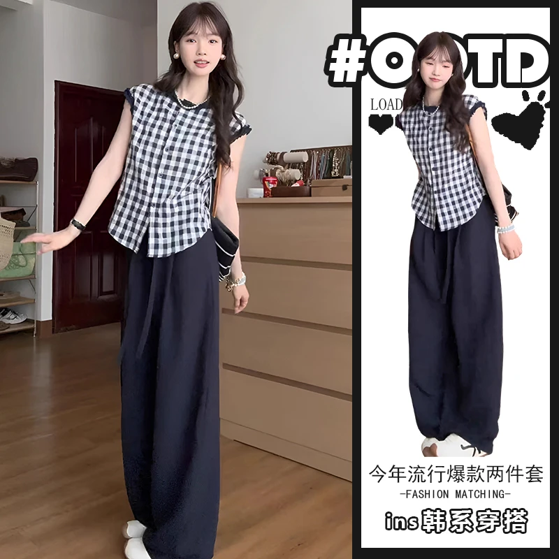 夏日ootd穿搭一整套高级小众不撞款格子无袖上衣+阔腿裤两件套装
