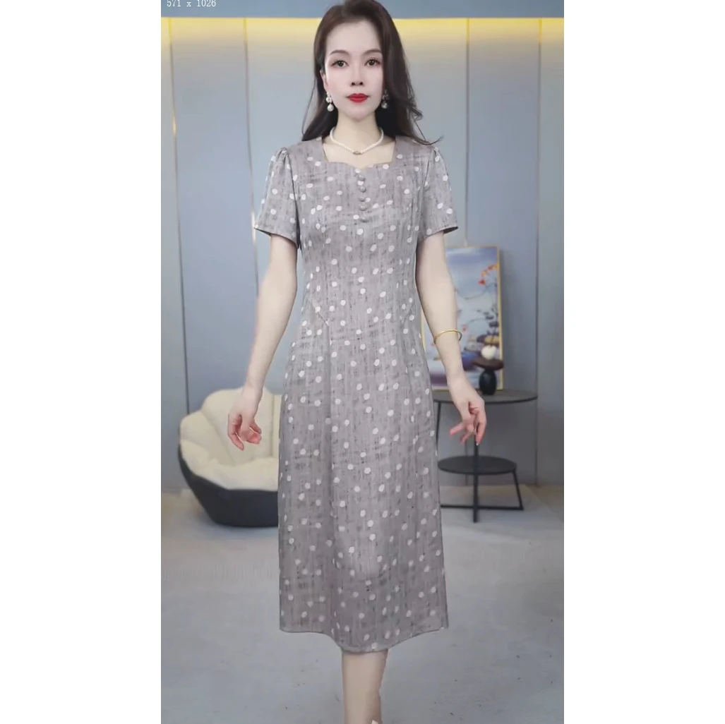 【3036】夏季新款修身显瘦气质方领波点短袖收腰连衣裙