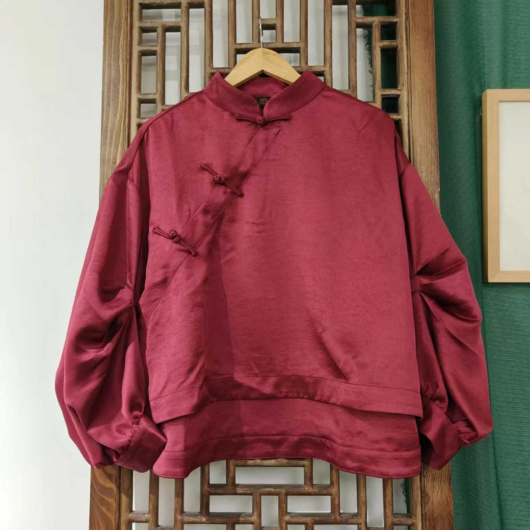 凤徕兮私人定制树莓红色光板捏褶袖斜襟盘扣短上衣 (SY5103)