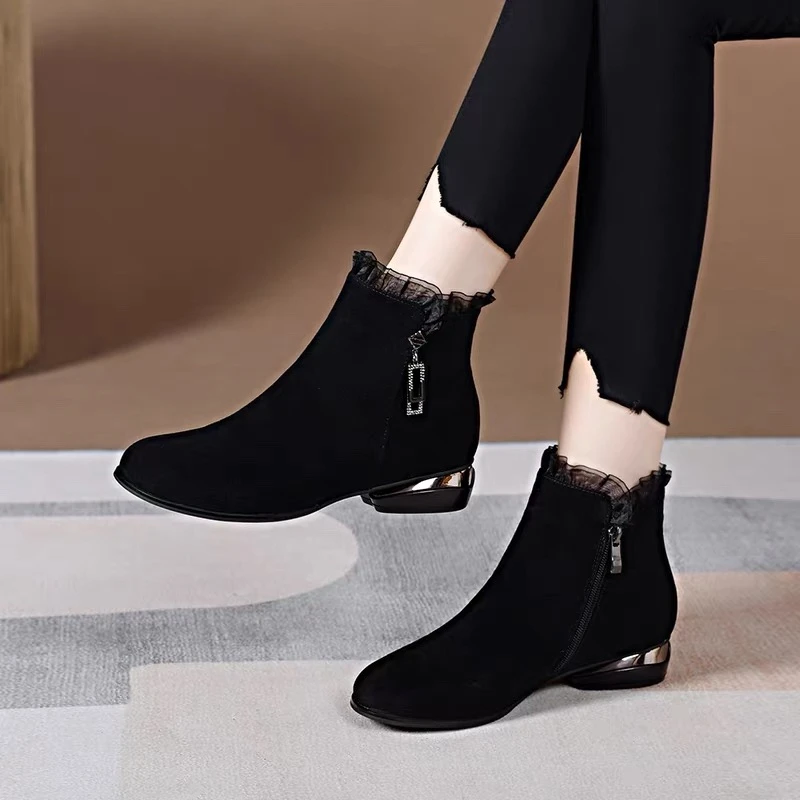 小短靴真皮圆头磨砂软羊皮2025新款及踝靴子女秋冬加绒软底妈妈鞋