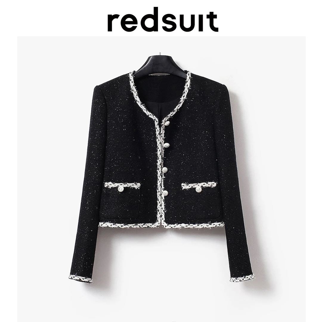 REDSUIT 意式轻奢风黑白撞色小香风花呢外套通勤百搭上衣