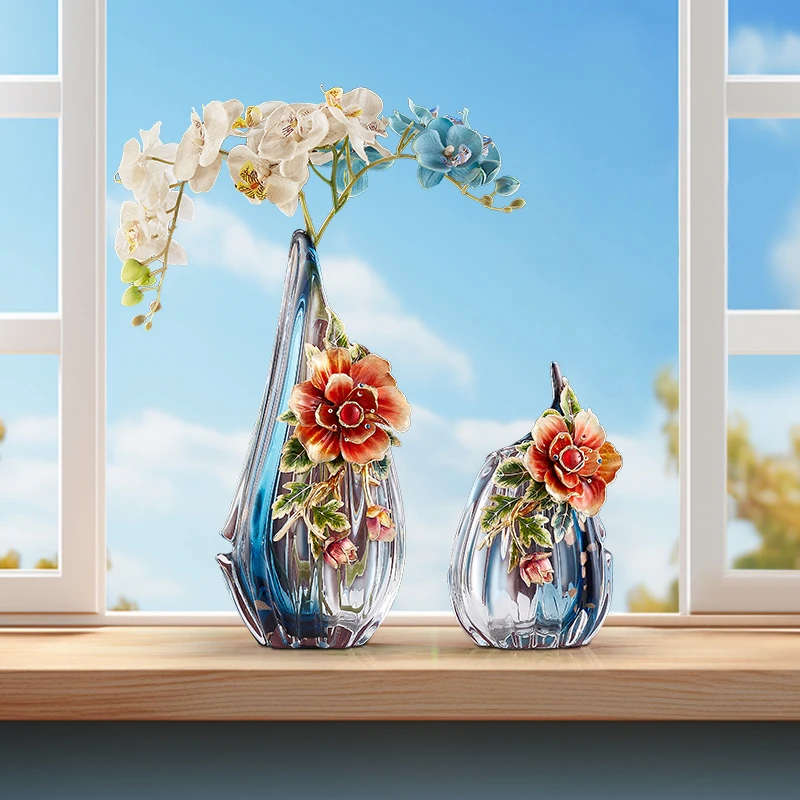 新中式珐琅彩牡丹花琉璃花瓶高级感欧式创意客厅乔迁礼物装饰摆件