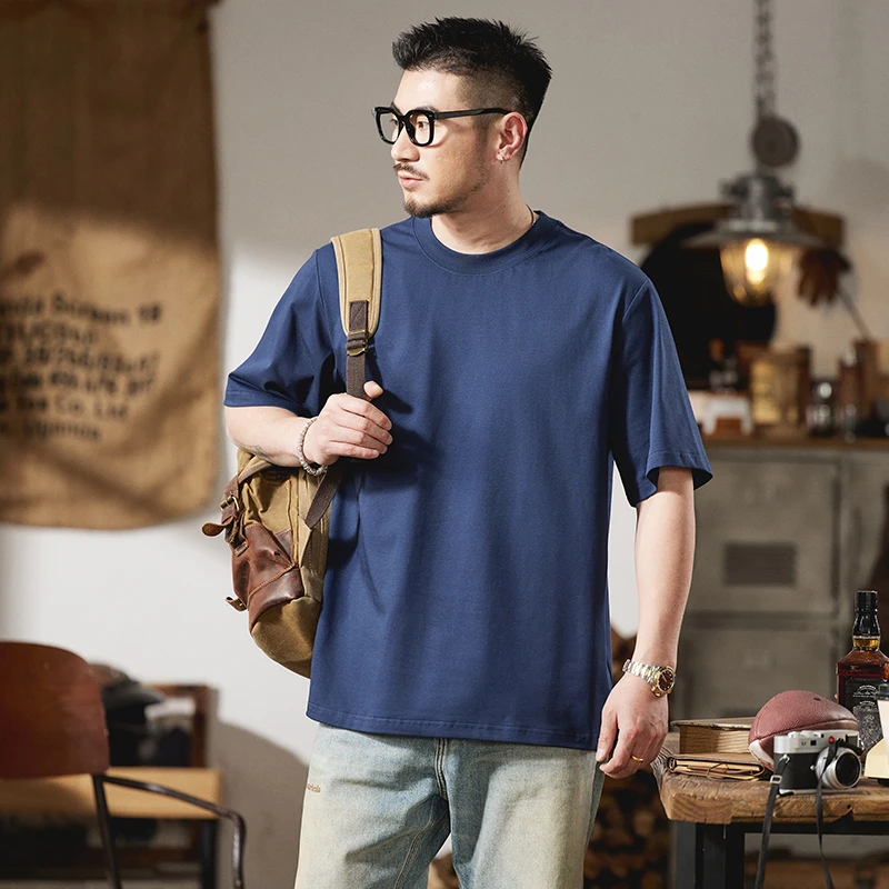 2341夏季新款圆领短袖男士宽松T恤美式复古纯色T恤衫百搭经典