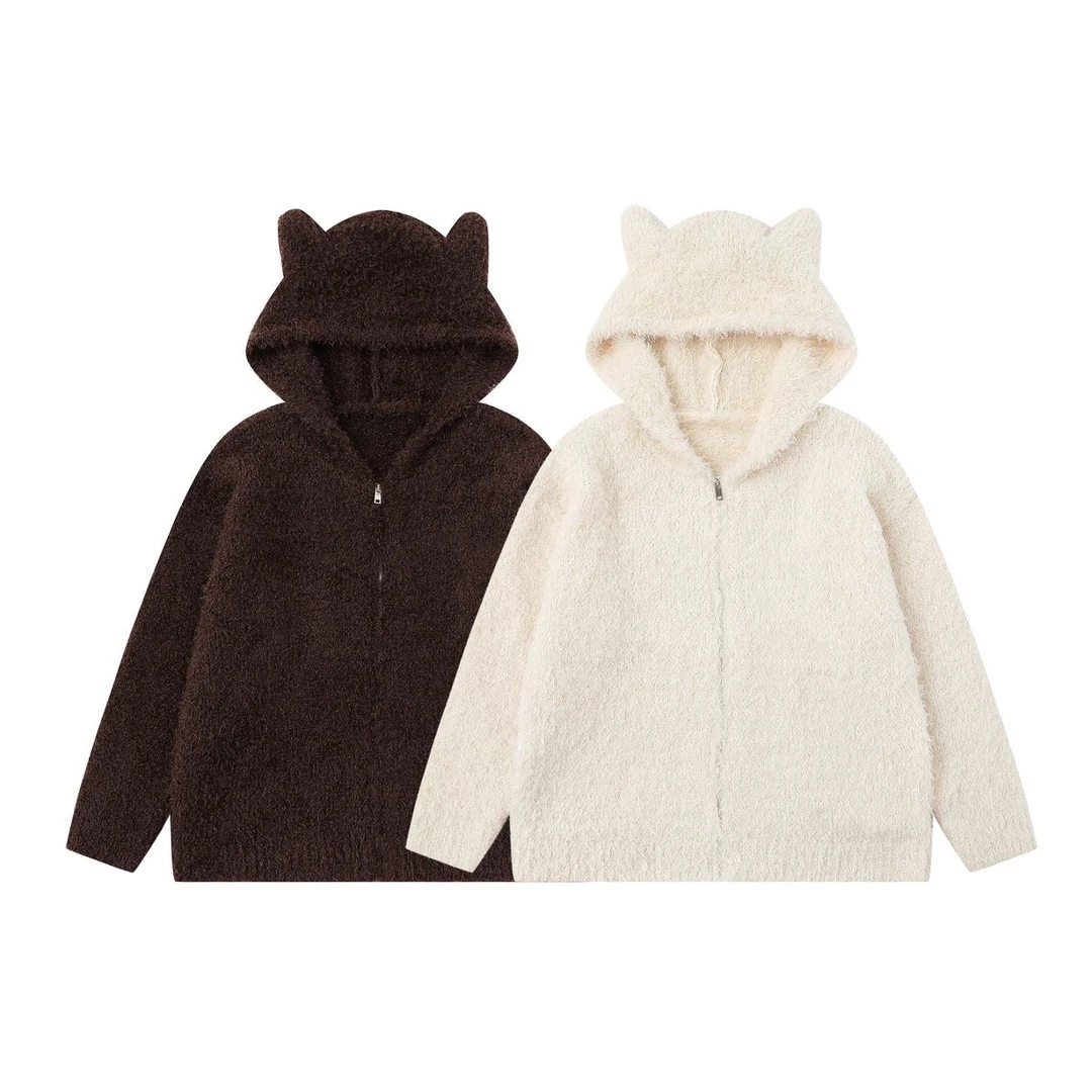 胖头鱼猫耳连帽毛衣秋冬宽松慵懒风针织开衫拉链可爱外套开衫