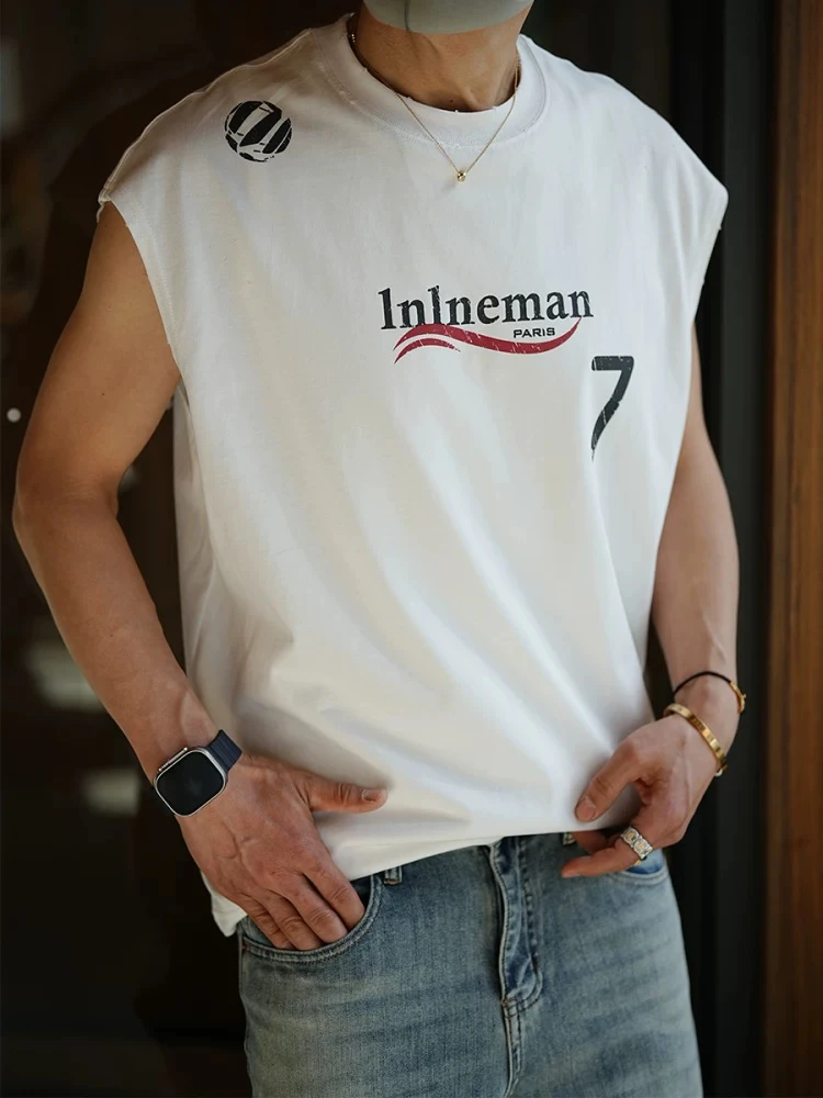 美式高街时尚字母印花圆领背心男士夏季新款潮牌宽松痞帅纯棉男款