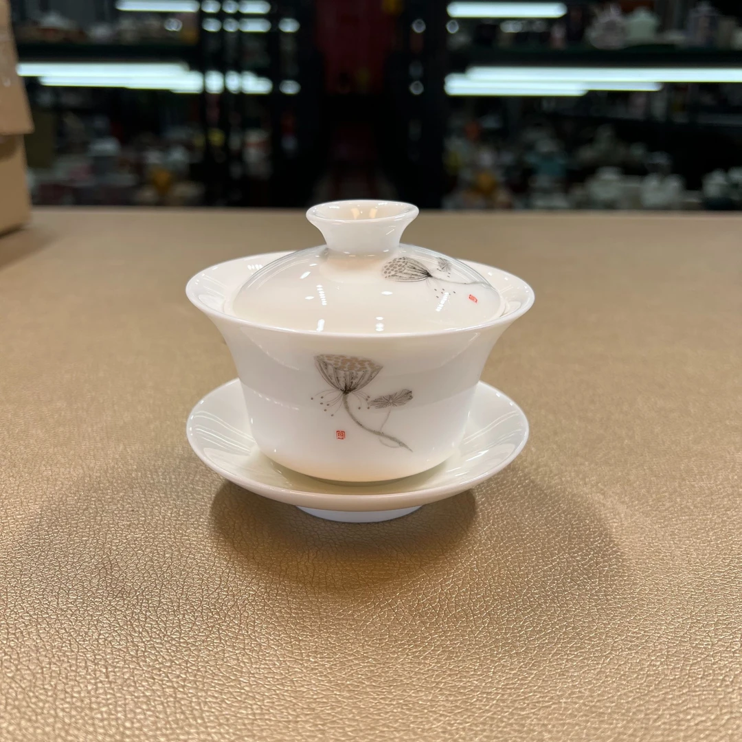 瓷韵优品 羊脂玉瓷莲花悬停三才盖碗-3405