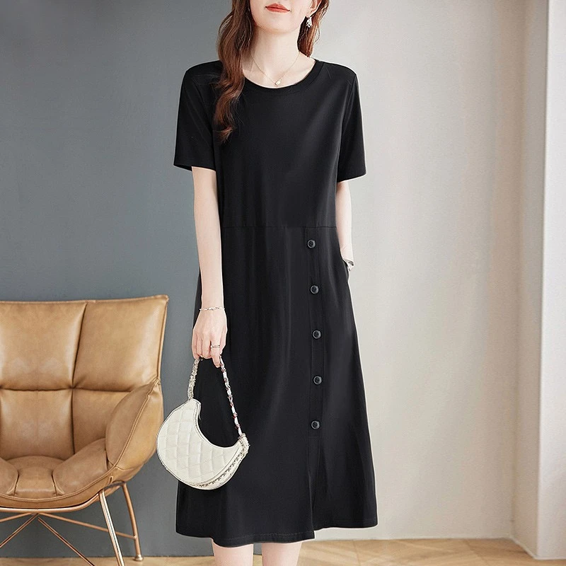 宽松a字连衣裙女夏季2025新款爆款大码女装短袖女士休闲黑色裙子