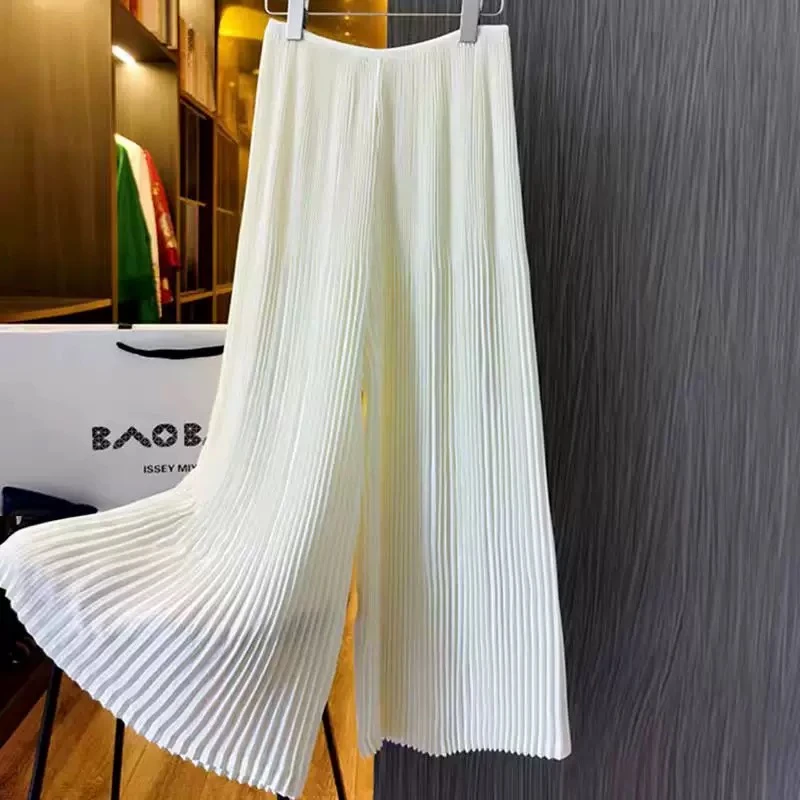 经典摺衣白色裤子高腰休闲时尚宽松垂风琴裤