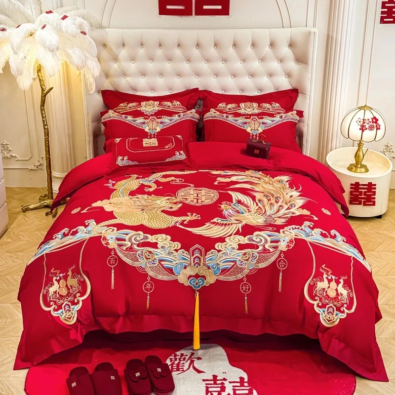 【福鹿双喜】婚庆十件套大红婚房床单结婚床上用品绣花喜庆中式喜被
