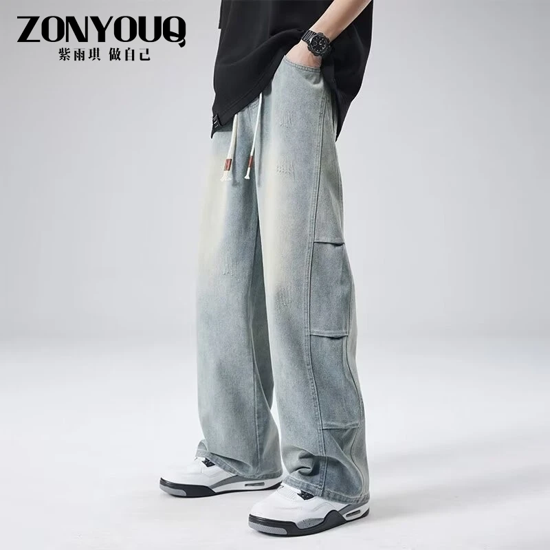 ZONYOUQ美式高街牛仔裤裤子男款夏季薄款复古设计感直筒宽松休闲