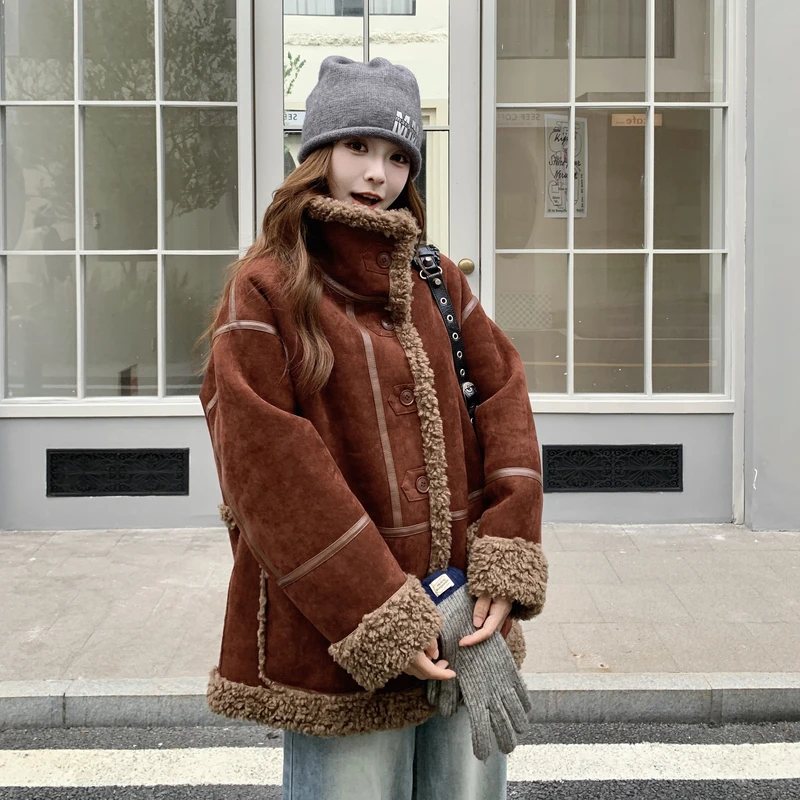 安哥拉红两面穿麂皮绒皮毛一体羊羔毛外套女冬季2025新款加厚棉服