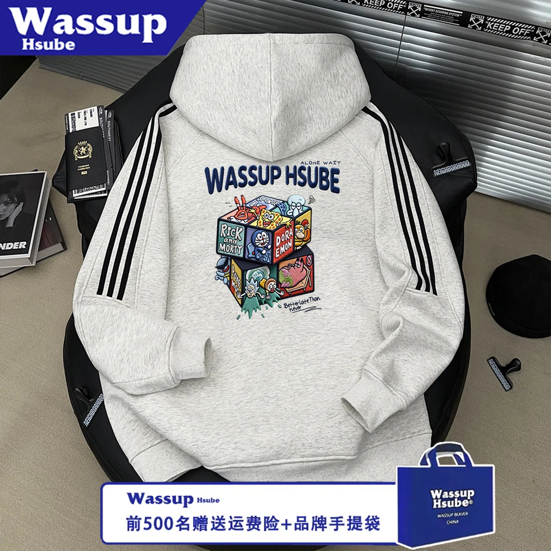WASSUP HSUBE流行情侣仿刺绣魔方秋冬宽松长袖拉链印花三条杠上衣