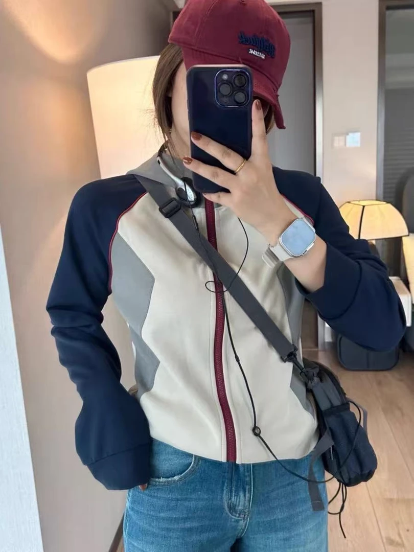 大码女装—5119韩版拼色拉链开衫连帽长袖上衣时尚显瘦欧货外套