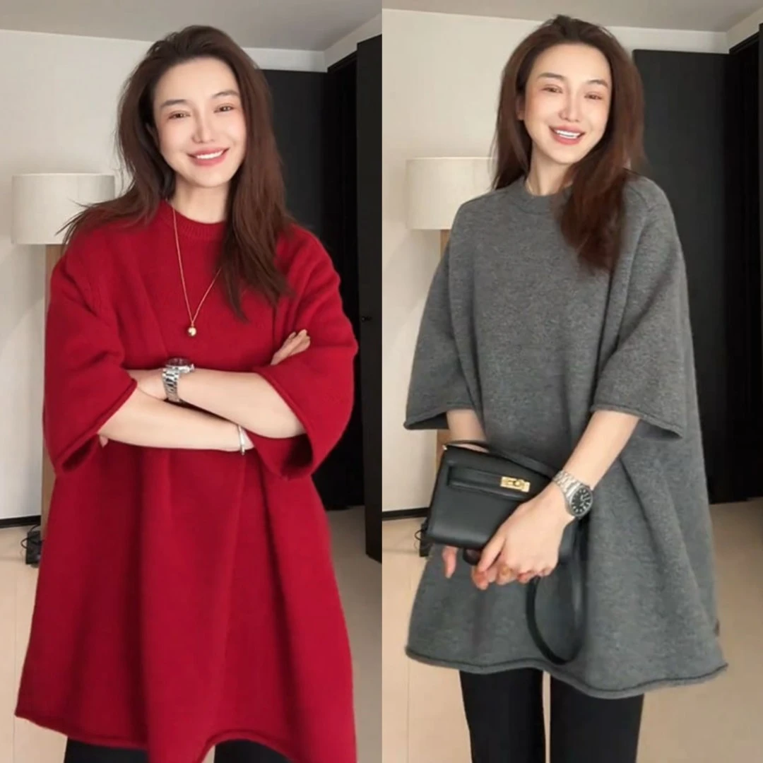 慵懒风宽松大码五分袖针织毛衣欧洲站2024秋冬新款百搭纯色上衣潮