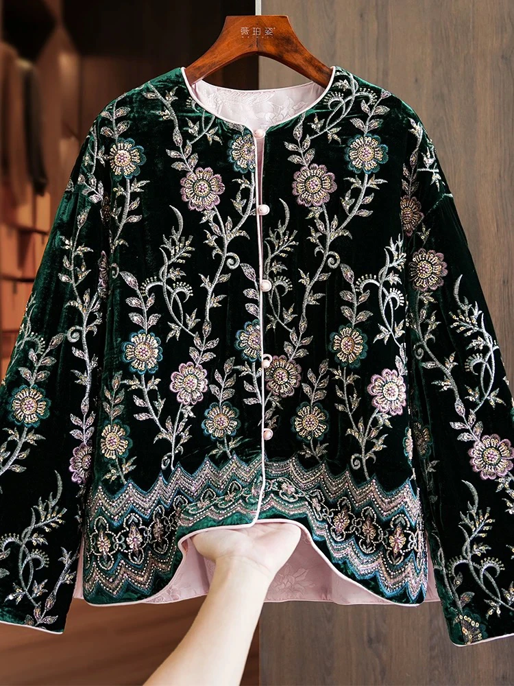 万针刺绣高级感奢华丝绒早秋冬轻薄款重工新中式国风084