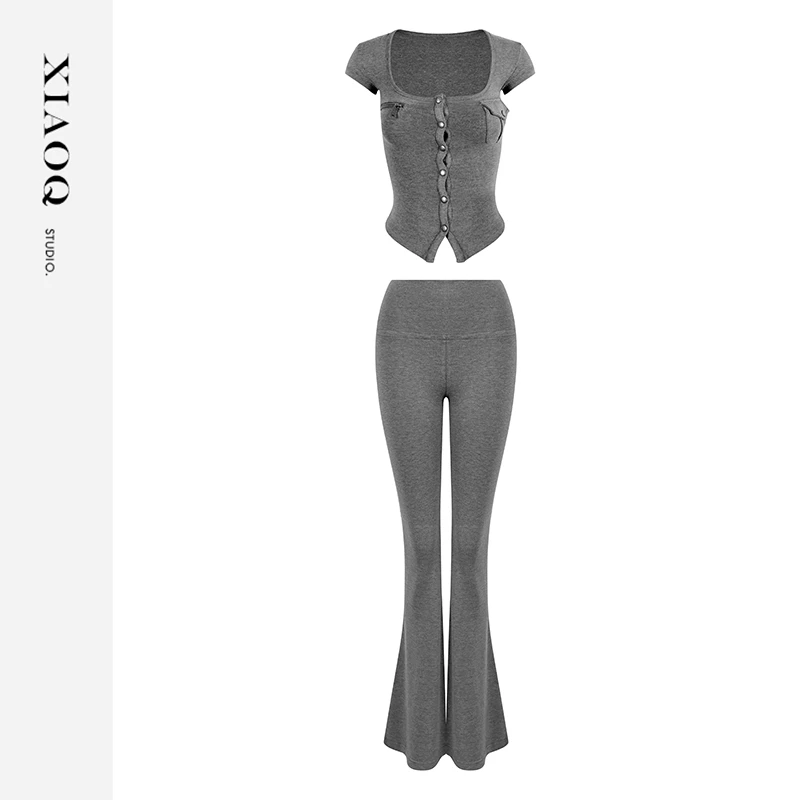 XIAOQ「灰调缪斯」方领纽扣短袖上衣+高腰微喇神裤通勤套装女85489