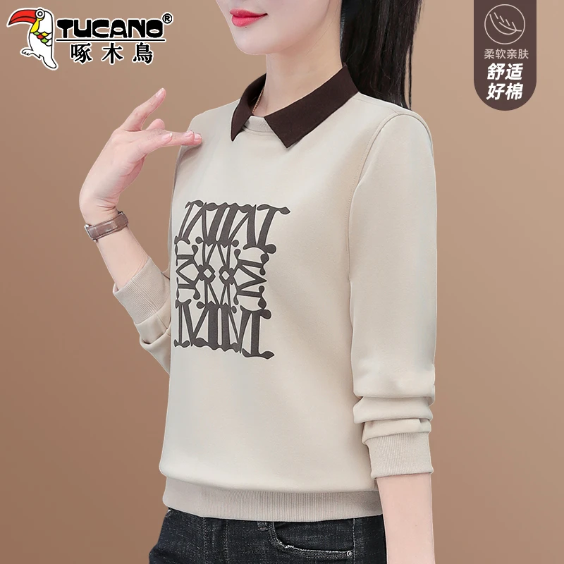 啄木鸟翻领卫衣女春秋新款爆款时尚洋气小个子假两件女士上衣