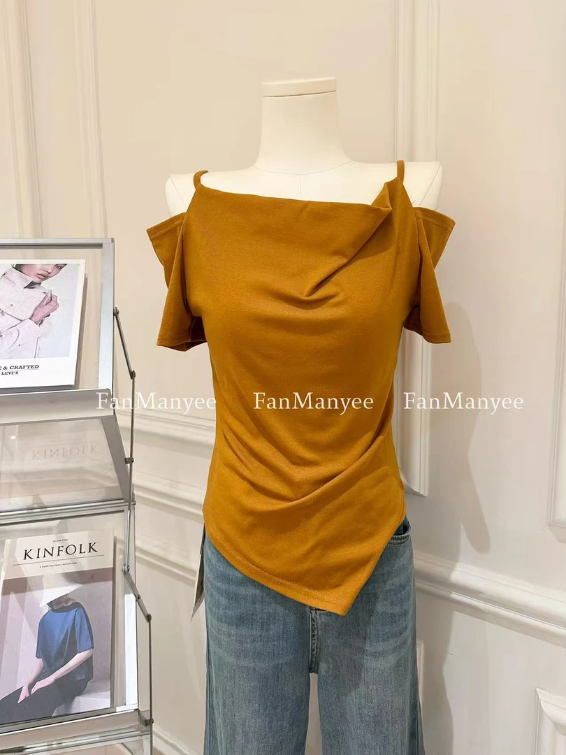 【微醺时刻】夏季吊带一字肩设计感不规则显瘦修身短袖上衣