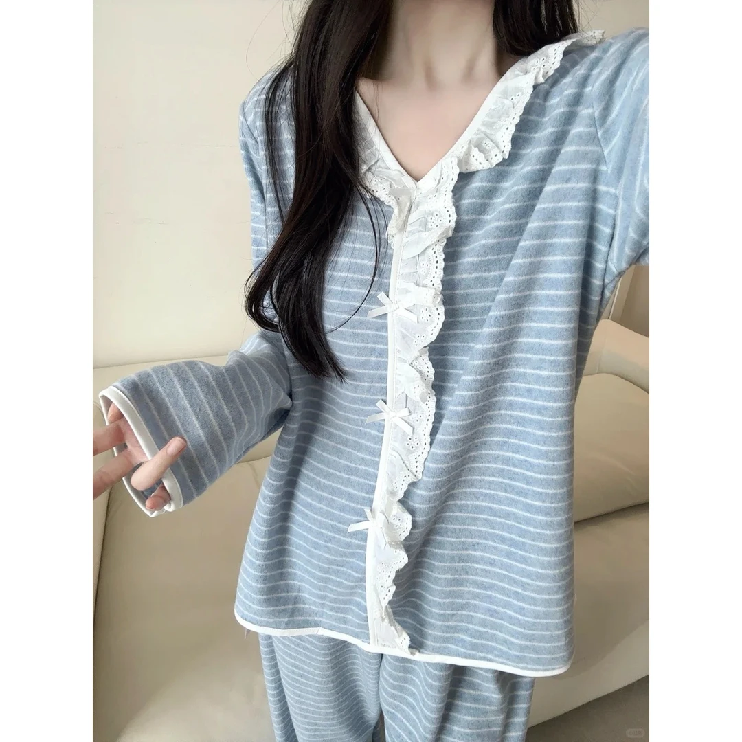 【DMXJ大梦想家】韩版温柔干净撞色条纹睡衣女秋季款休闲家居服套装