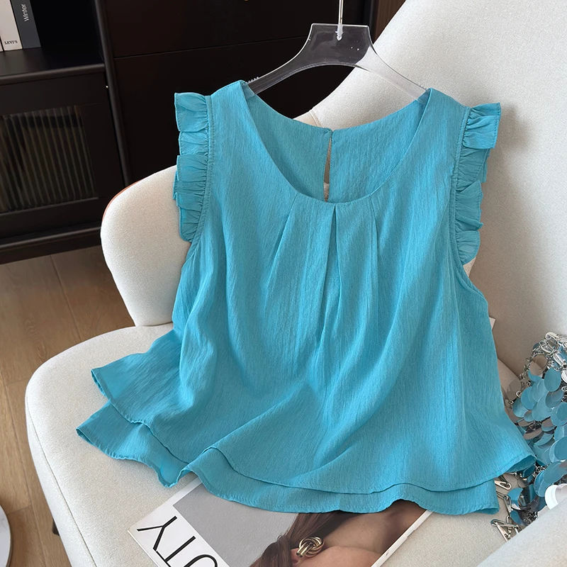 法式时尚飞飞袖设计衬衫女2025夏季新款温柔木耳边百搭遮肚子上衣