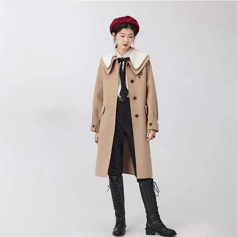 D-HARRY/迪哈利高级感新款双面呢大衣双层领驼色大衣DH234F96850D