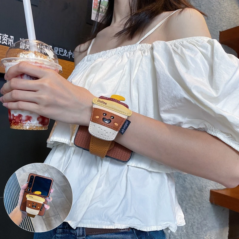 卡通皮质咖啡腕带适用华为PuraX手机壳p50pocket2折叠屏nova荣耀
