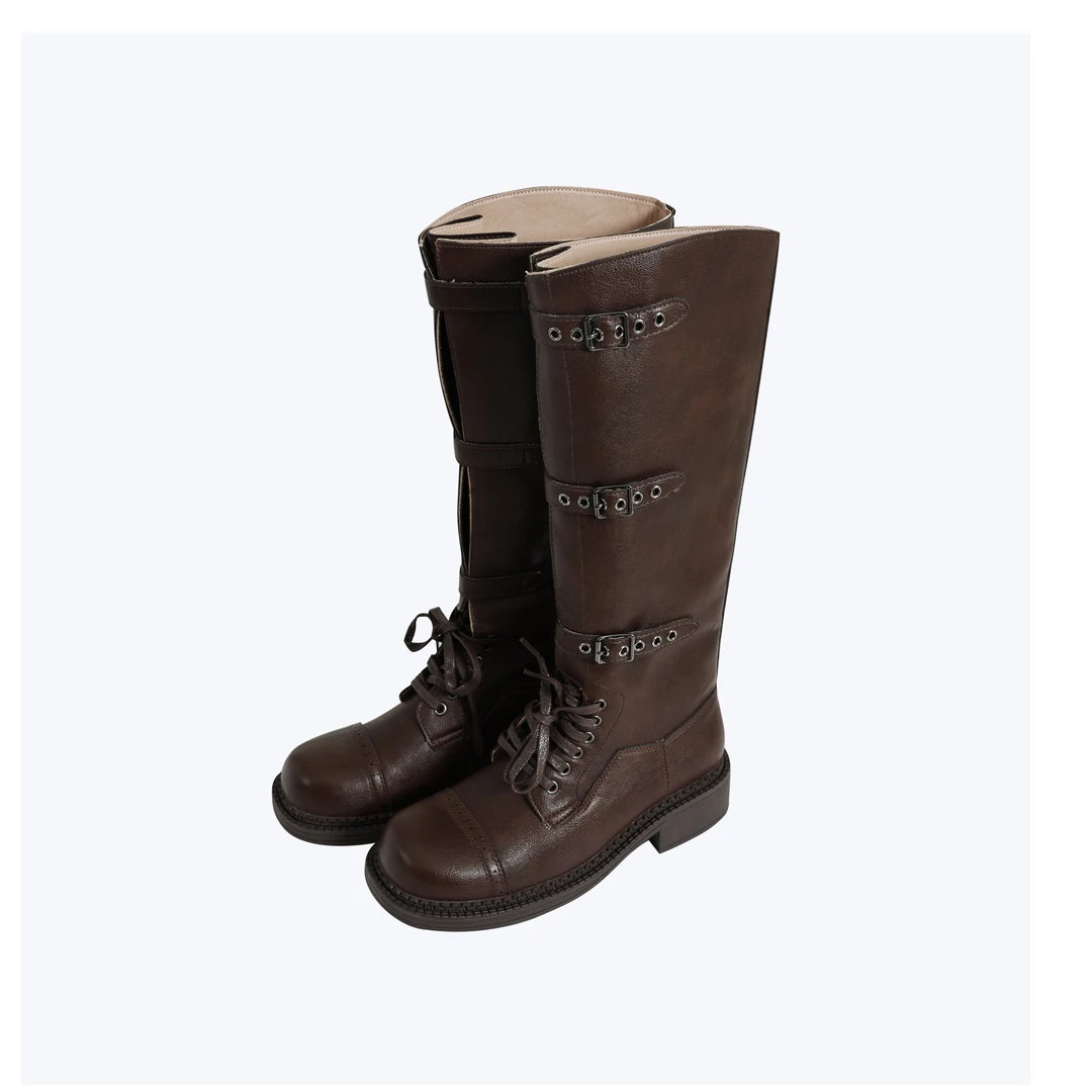 时装靴美拉德风靴子长筒女鞋时尚圆头英伦风系带骑士