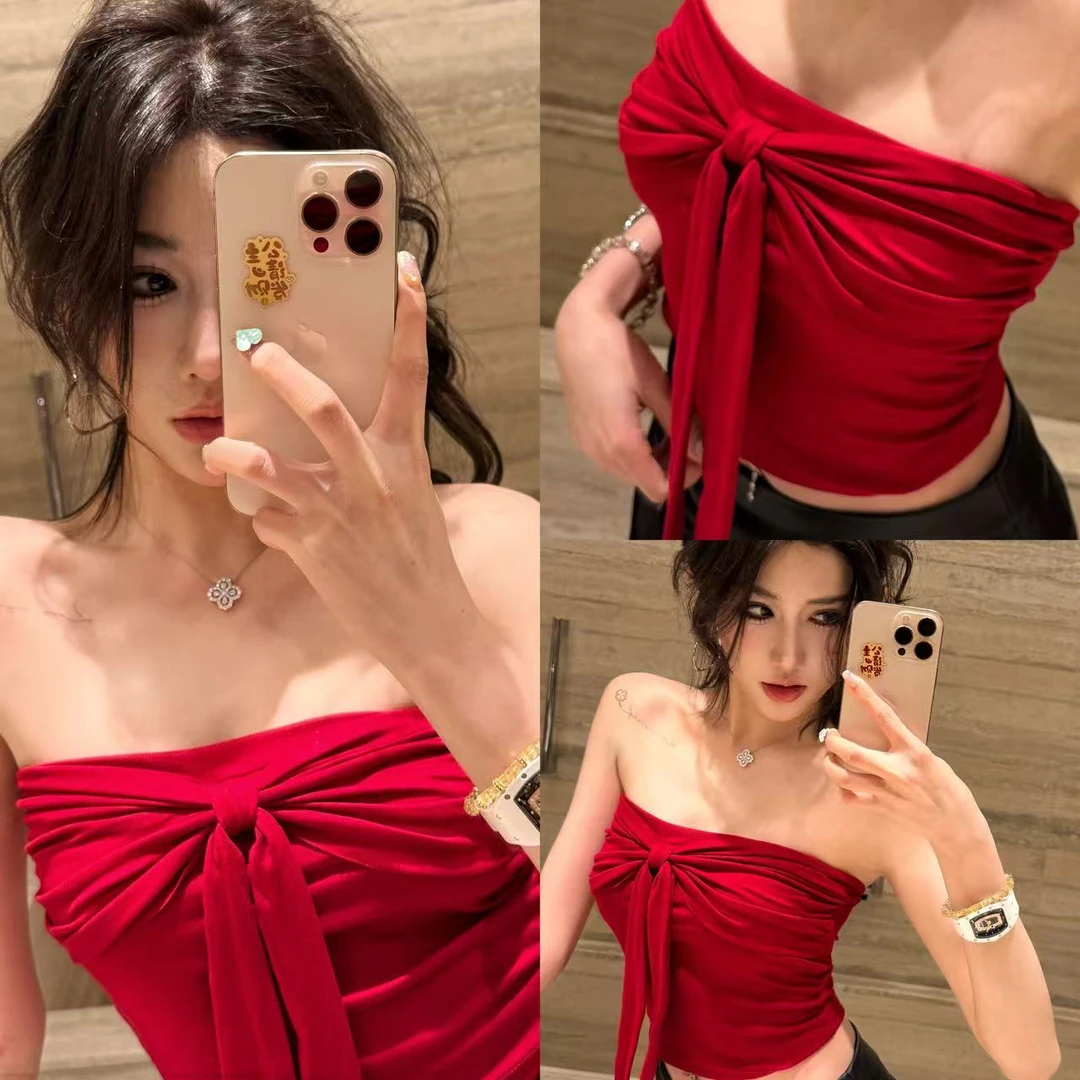 蝴蝶结抹胸打底衫紧身弹力收腰上衣