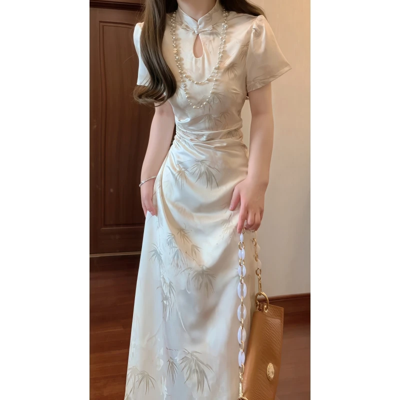 新中式国风复古立领竹叶印花改良旗袍连衣裙收腰显瘦气质长裙9612