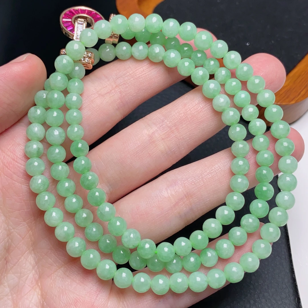 缅甸天然a货翡翠冰润果绿圆珠项链卡5mm绿色长链链珠
