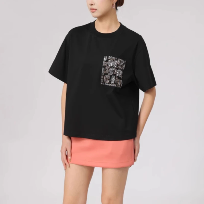 商场同款2025夏季新款时尚字母珠片宽松圆领短袖T恤女装530088