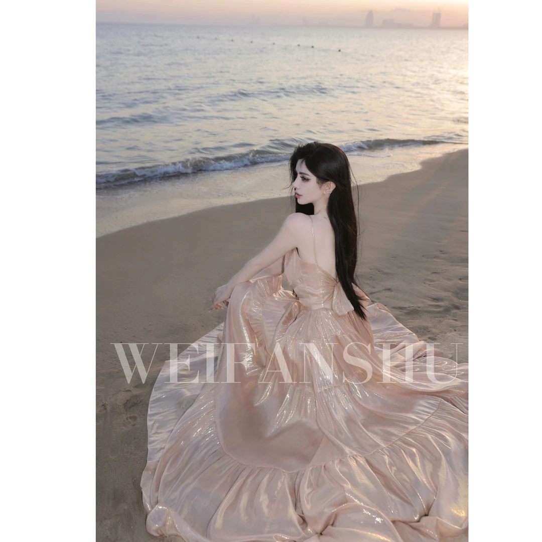 WEIFANSHU/魏凡舒【仙女假日】早春新款气质流光缎面金皮真丝连衣裙