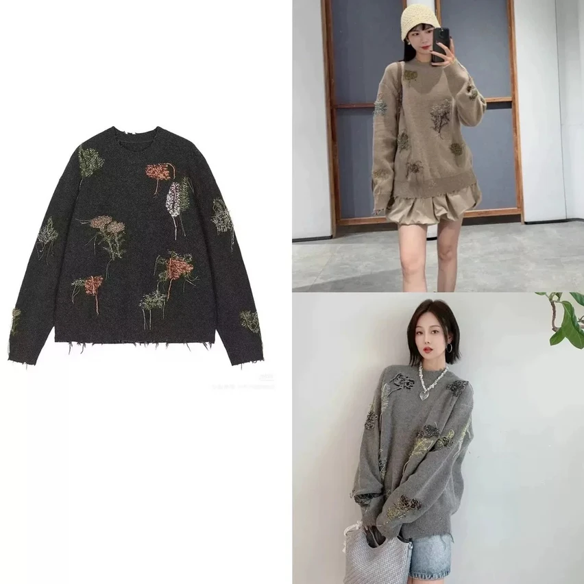 慵懒风流苏手工钩花圆领毛须破洞针织衫套头毛衣女