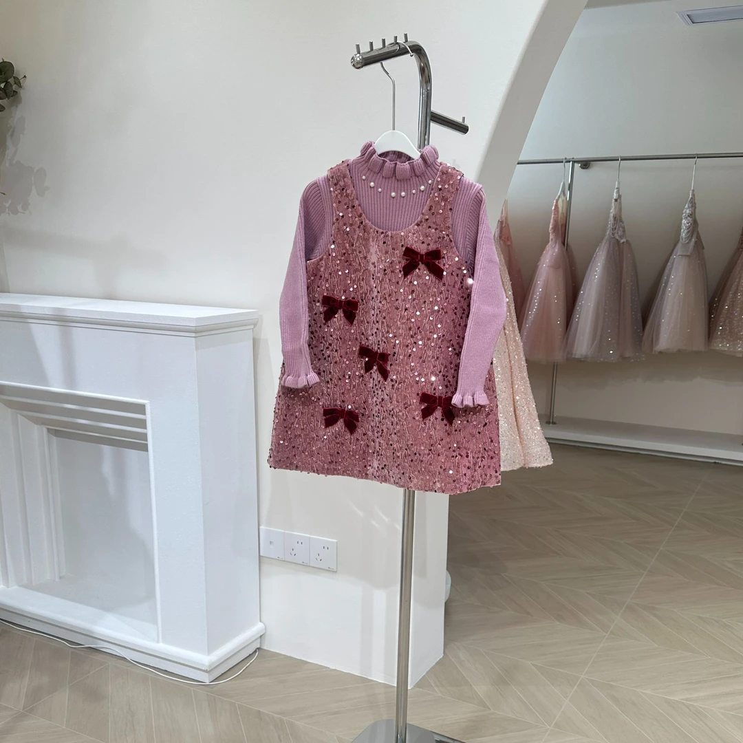 儿童连衣裙背心丝绒女童圣诞公主裙花童两件套打底衫生日派对礼服