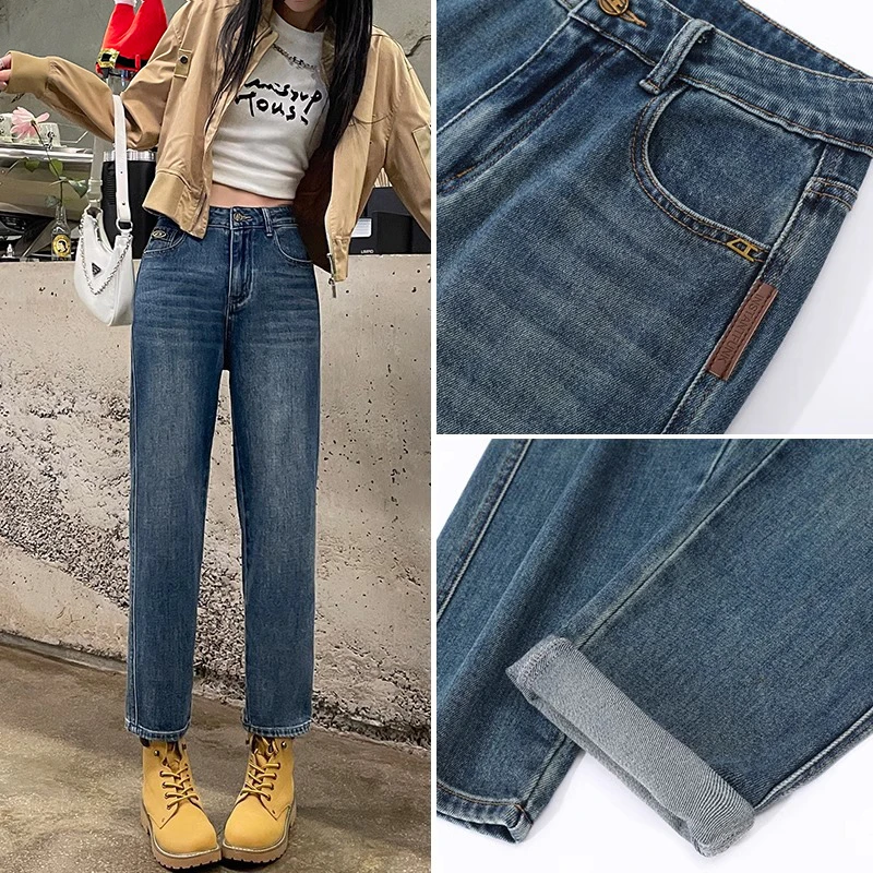 哈伦牛仔裤女春秋季2025新款高腰宽松老爹裤卷边直筒显瘦萝卜裤子