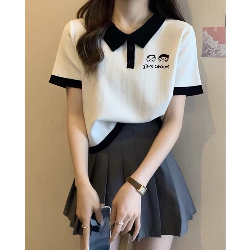 短袖拼色短款白色插肩撞色女士T恤t恤百搭翻领复古辣妹显瘦上衣女