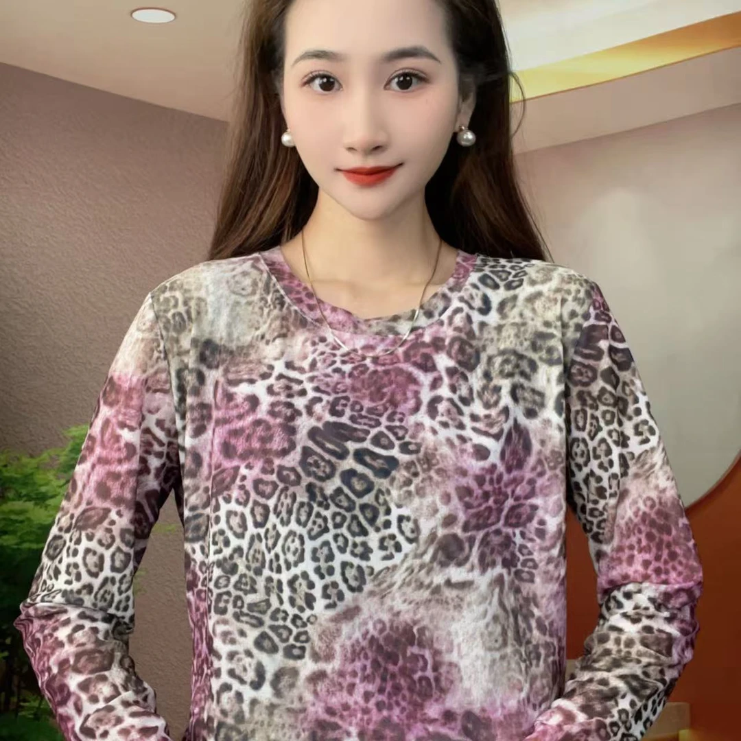 2025冬季新款肌肤纱长袖圆领时尚显瘦印花T恤上衣A576