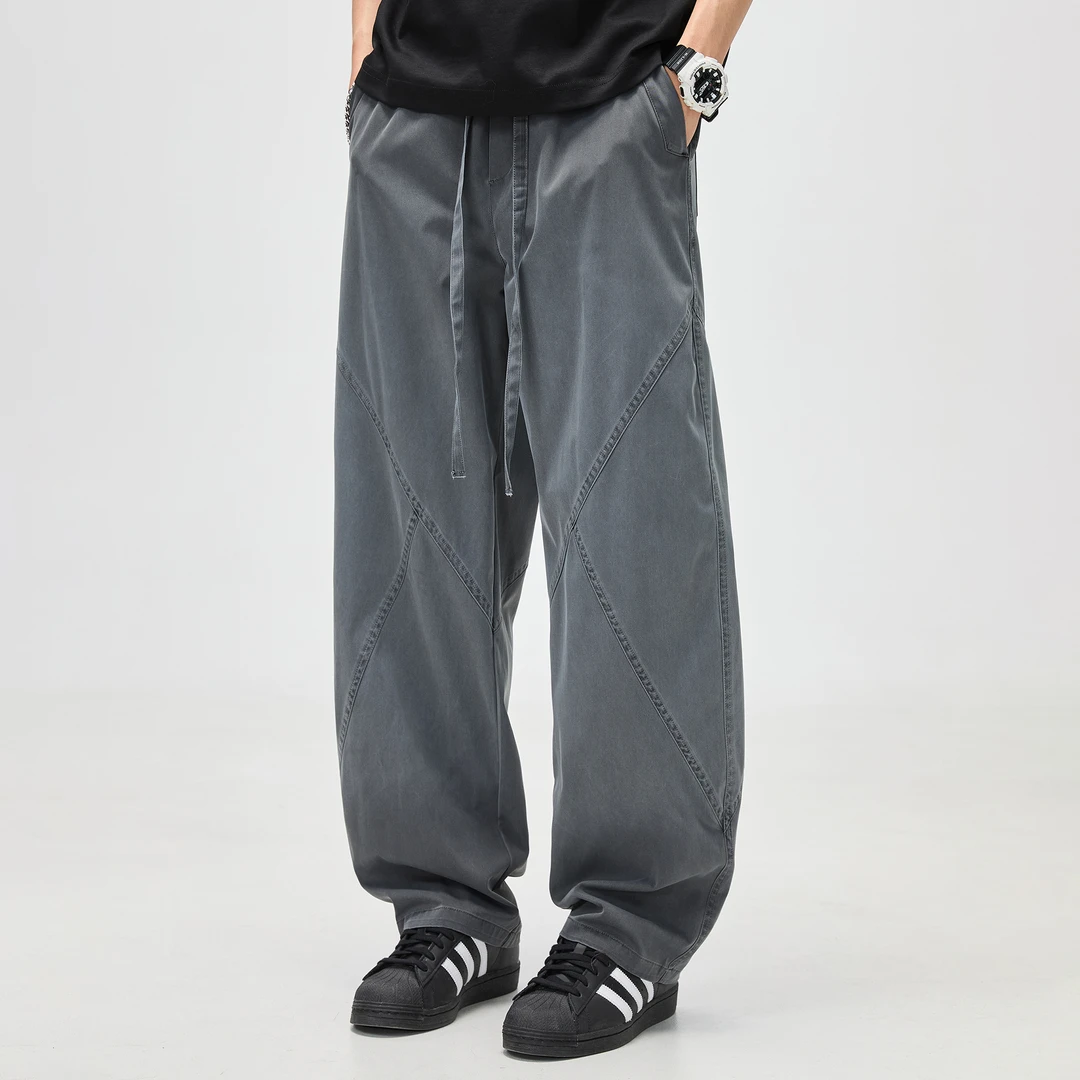 灰色宽松弯刀裤男痞帅秋季潮牌拼接直筒美式复古工装裤休闲长裤