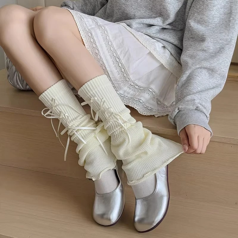 白色堆堆袜子女春秋款纯棉针织阔腿袜套芭蕾风秋天蝴蝶结小腿袜