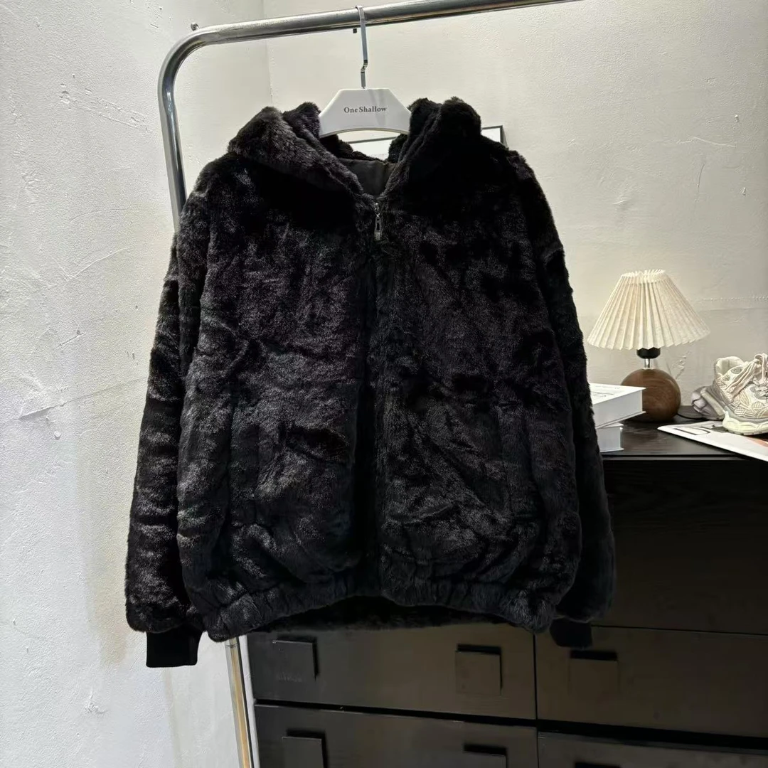 秋冬连帽拼接宽松休闲毛绒外套4571