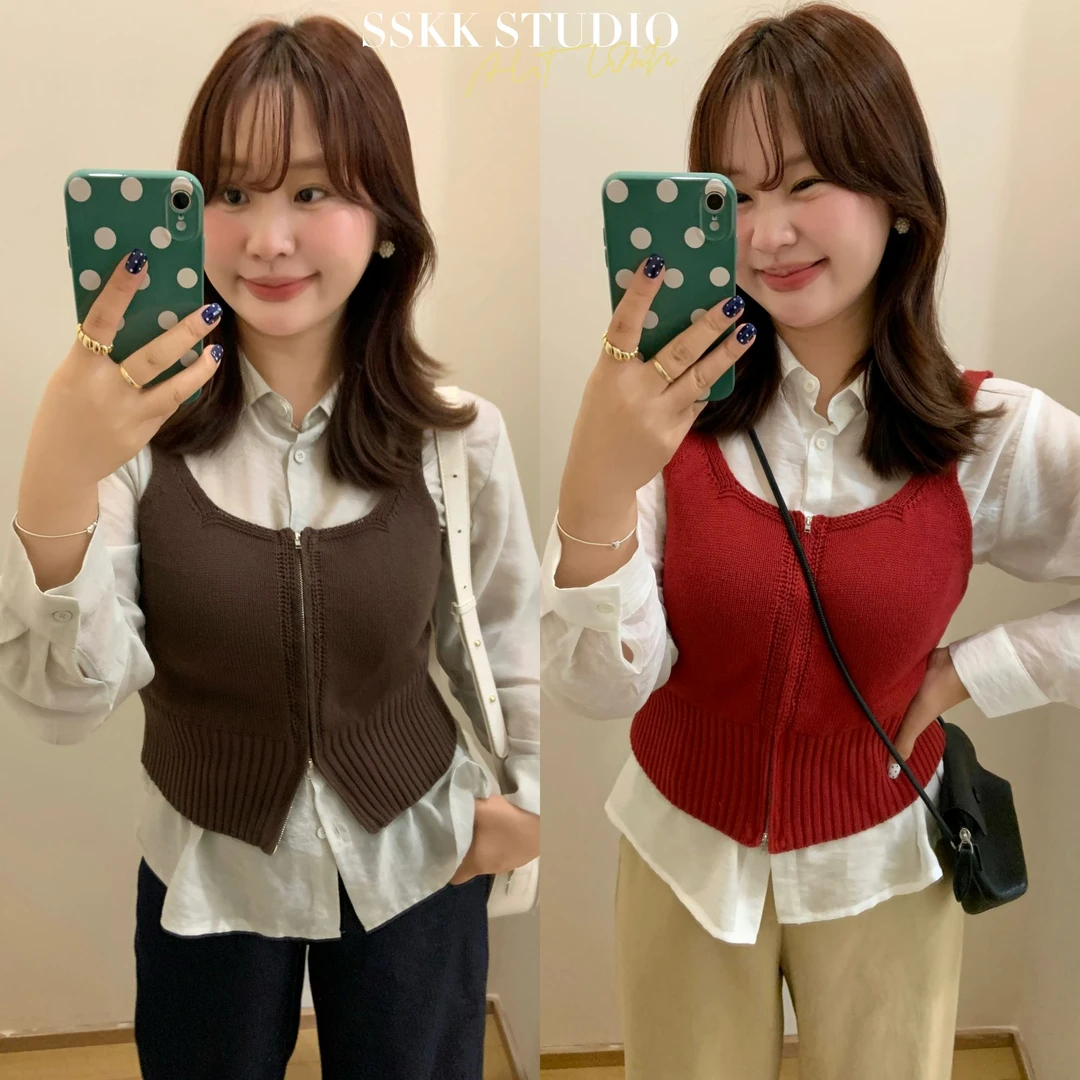 KMZY/KMZY山_山【秋日调色盘】微胖韩版时尚衬衫+拉链背心两件套女